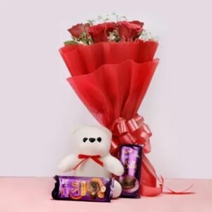red roses with teddy and chocolate